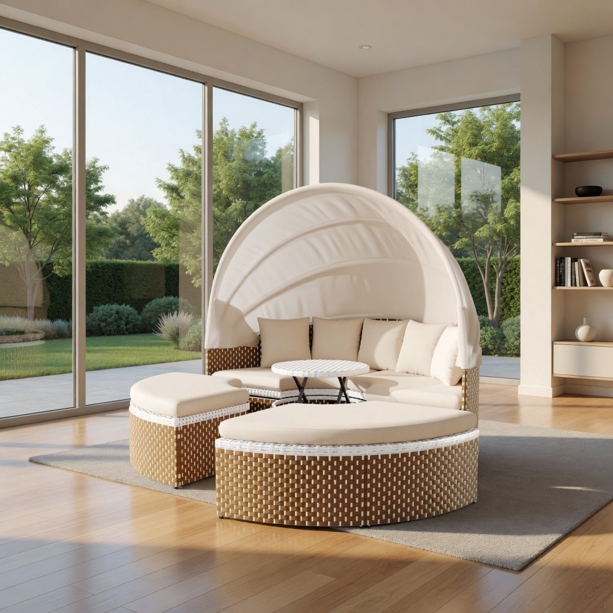 Tuinlounge-fauteuilset, zonne-eiland, rotan tuintafel en stoelset, schelp-tuinlounge-fauteuilbed, uitschuifbaar luifel, opklapbaar tafelblad, beige, inclusief alle kussens en zitkussens-IndustroHome
