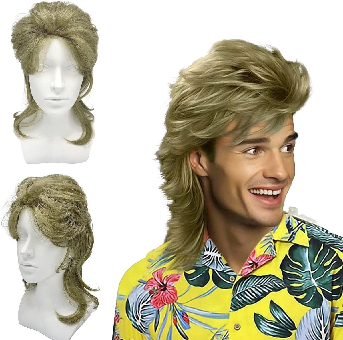 Vokuhila Lange Krullende Peruk voor Mannen - Retro 80s Cosplay, Disco en Halloween Feestkleding, Blonde Look
