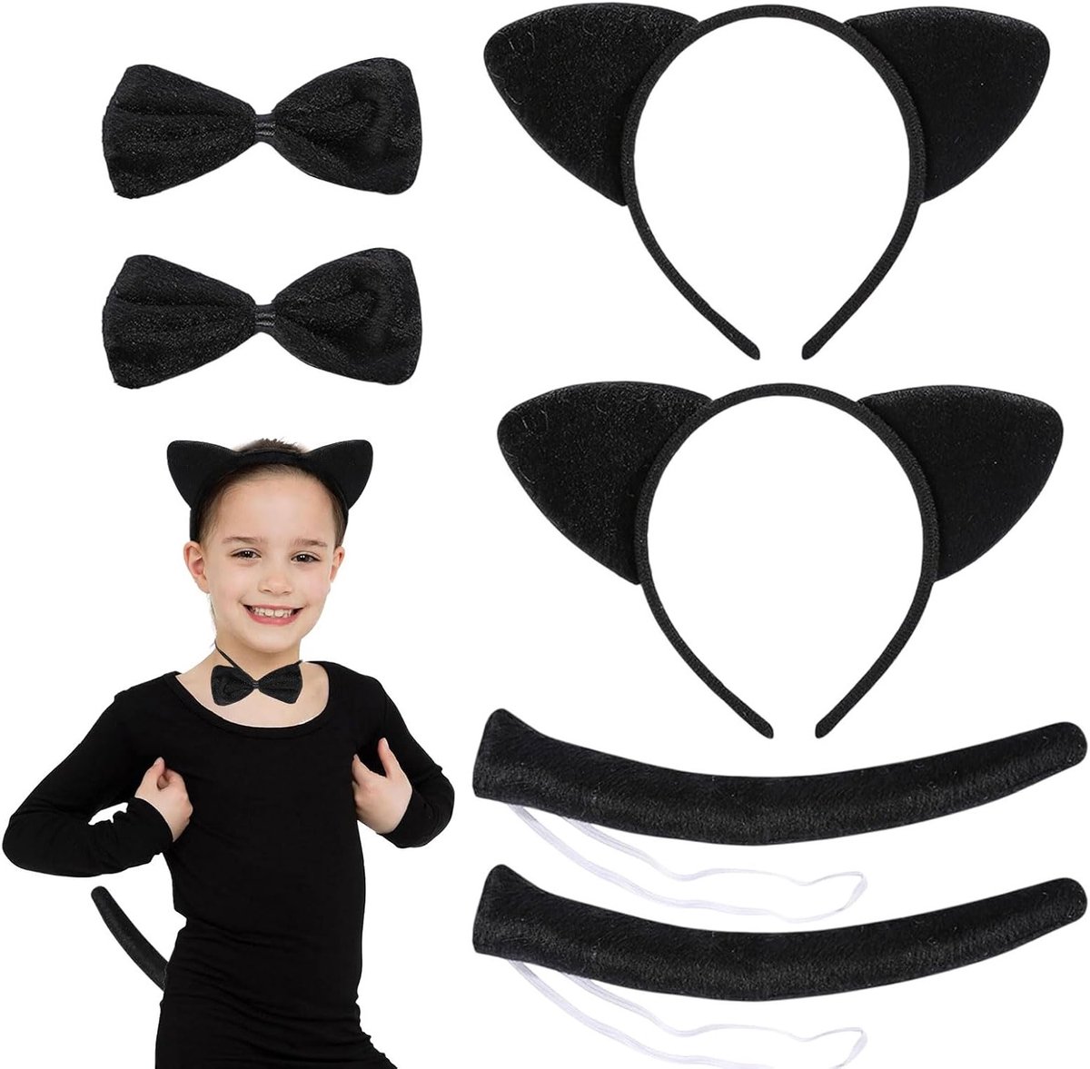 6-delige Kattenoren Hoofdband Set voor Dierenthema Kostuums - Unisex Party Accessoires met Staart en Strik voor Cosplay en Verkleedpartijen