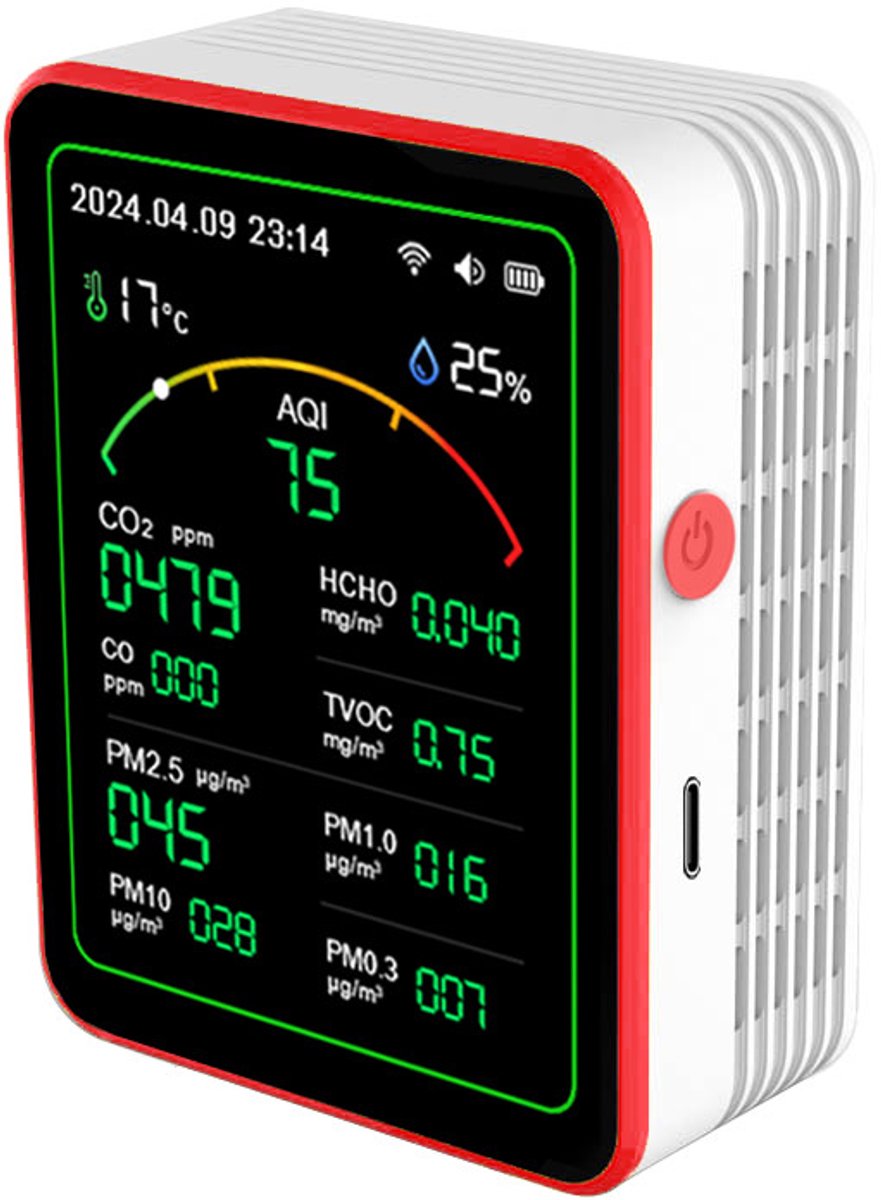 Professionele 15-in-1 luchtkwaliteitsmeter met smartphone-app – sensoren voor het meten van CO₂, PM2,5/PM10, HCHO en TVOC | realtime waarschuwingen en aanpasbare drempelwaarden – wit