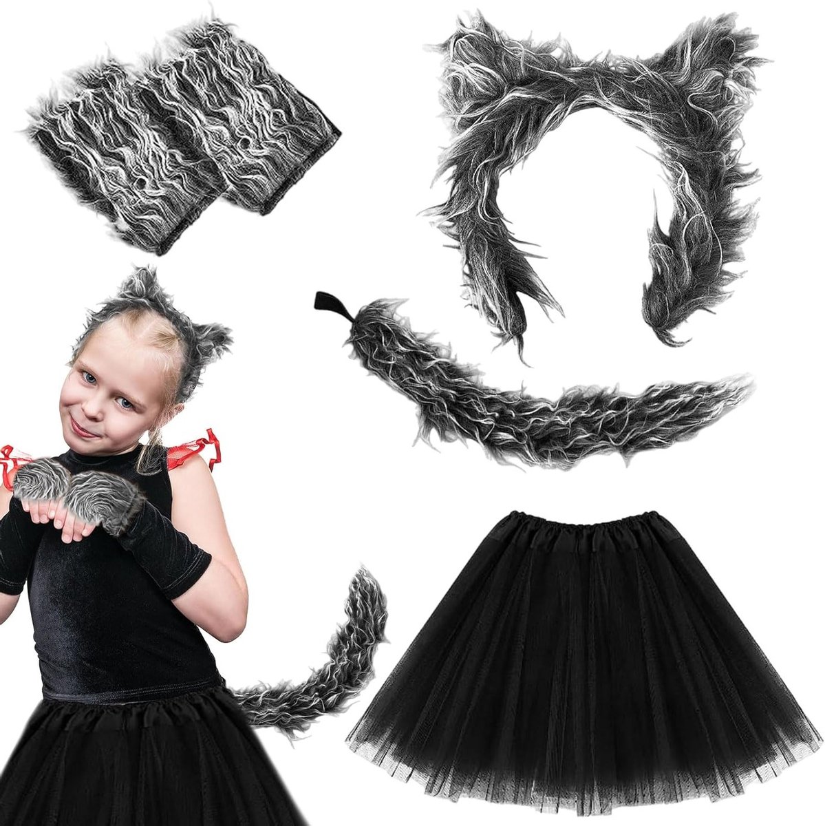 Set van 5 Wolf Kostuum Accessoires voor Kinderen - Wolf Oren, Handschoenen, Staart en Tutu - Furry Cosplay Outfit voor Halloween en Feestjes