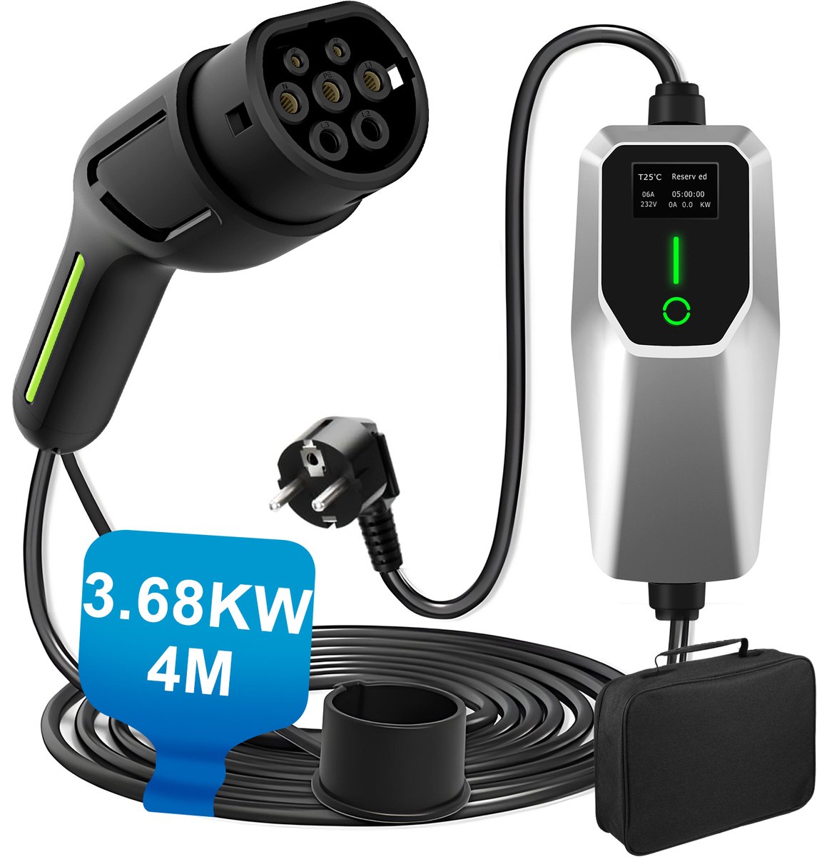 Junsun Type 2 EV Mobiele Thuislader met Schuko - 3.6kW (16A 1-fase) - 4 M Laadkabel - 3 Jaar garantie - CEE Stekker - 230V EV-oplader met LCD Digitaal Display - IP55 Regenbestendig - IEC62196-2 & IP67 zwart - Geschikt voor Elektrische Auto's