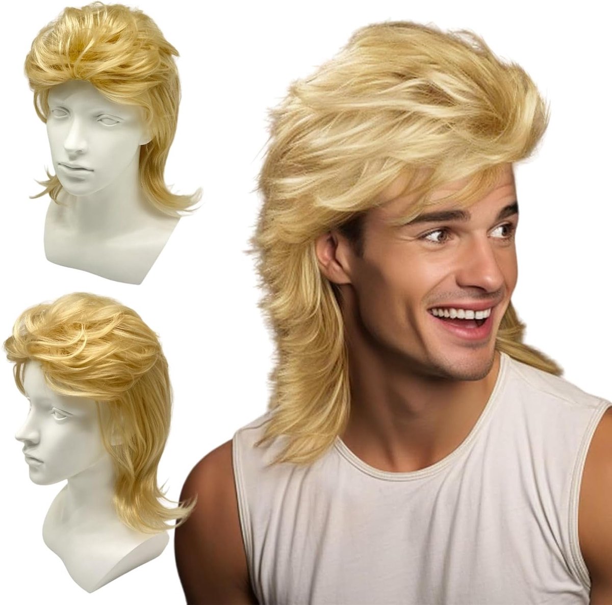 Blonde Mullet Peruk voor Mannen, 80s Rocker Stijl, Lange Krullende Haarstijl voor Carnavals- en Halloweenkostuums