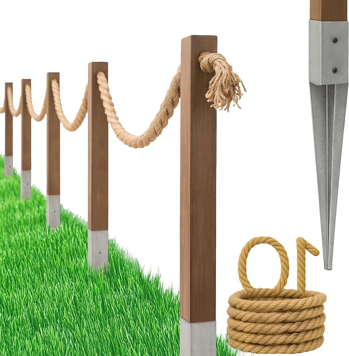 Houten hek met touw - Tuinafzetting decoratie - Tuin decoreren - Natuurlijk jute touw - 10 meter - Houtkleur
