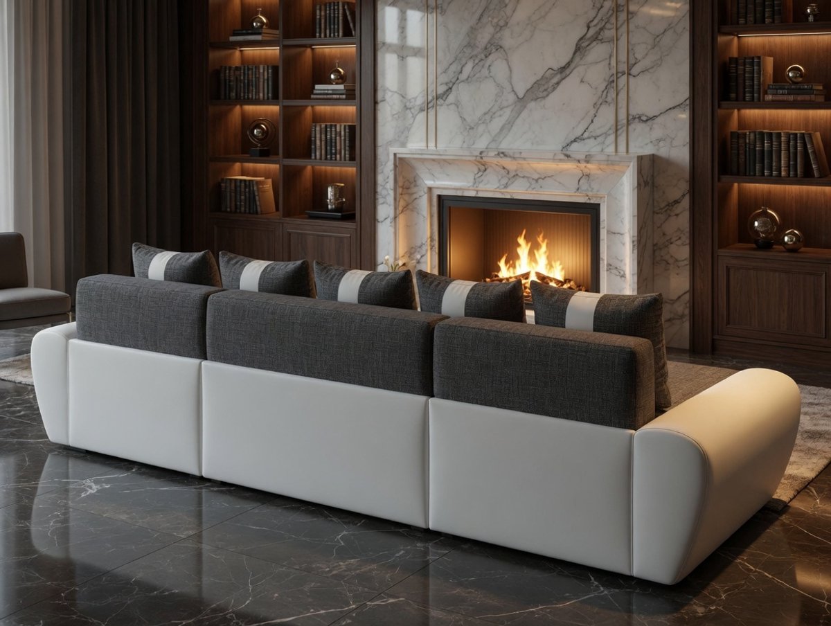 Hoekbank met slaapfunctie en opberglade – Industrohome PUMMA Luxe U-vorm slaapbank – 4-zits bankbed met bedfunctie 260x118 cm – moderne hoekbank met kussens – wit/grijs – 308 cm