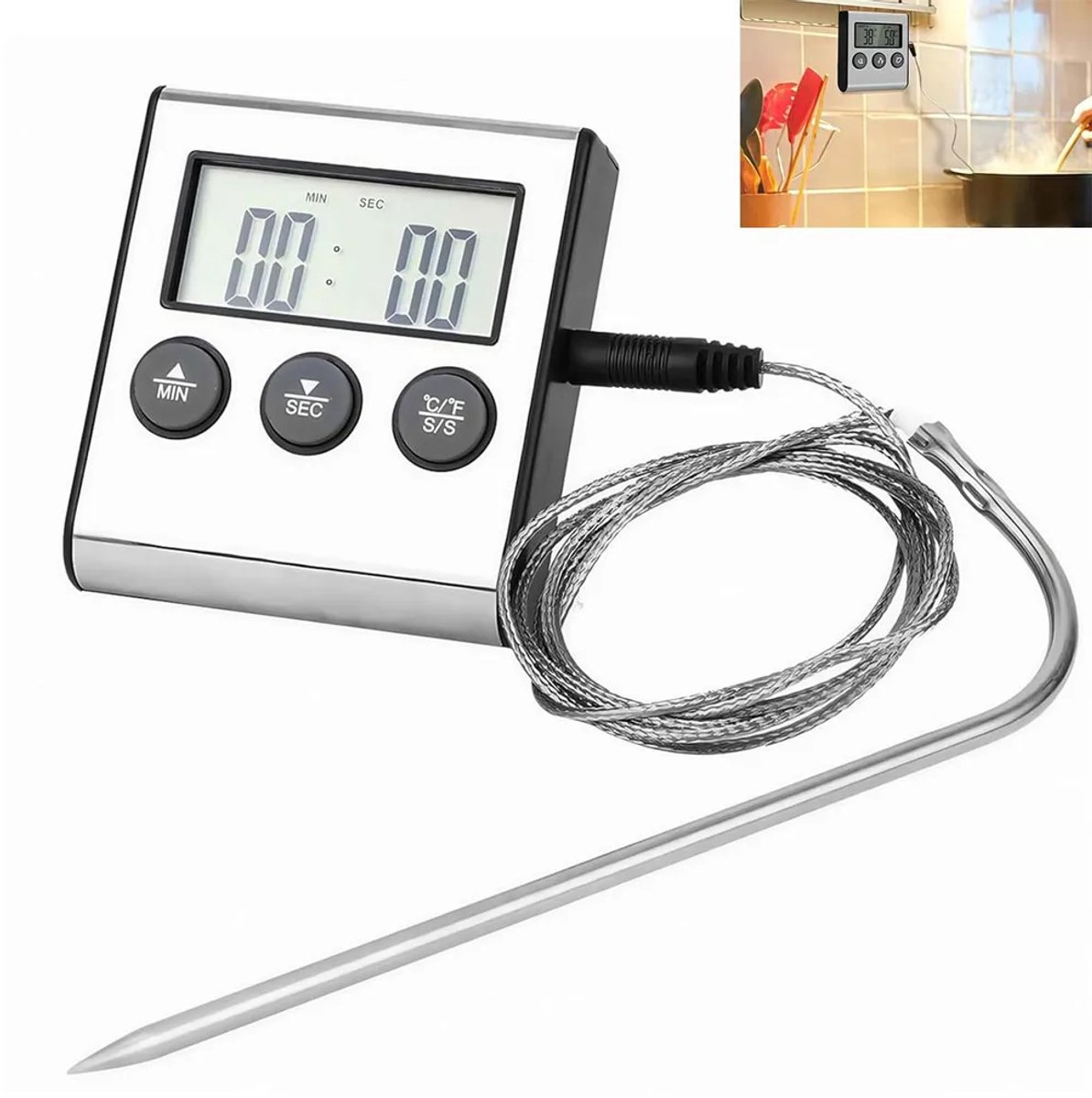 Digitale vleesthermometer met timer, oventhermometer, grillthermometer, keukenthermometer, Geschikt voor grillen, oven, bakken en braden.