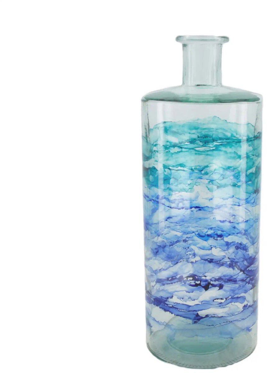 Bottle recycled glass 15x15x40cm - Blauwe vaas
