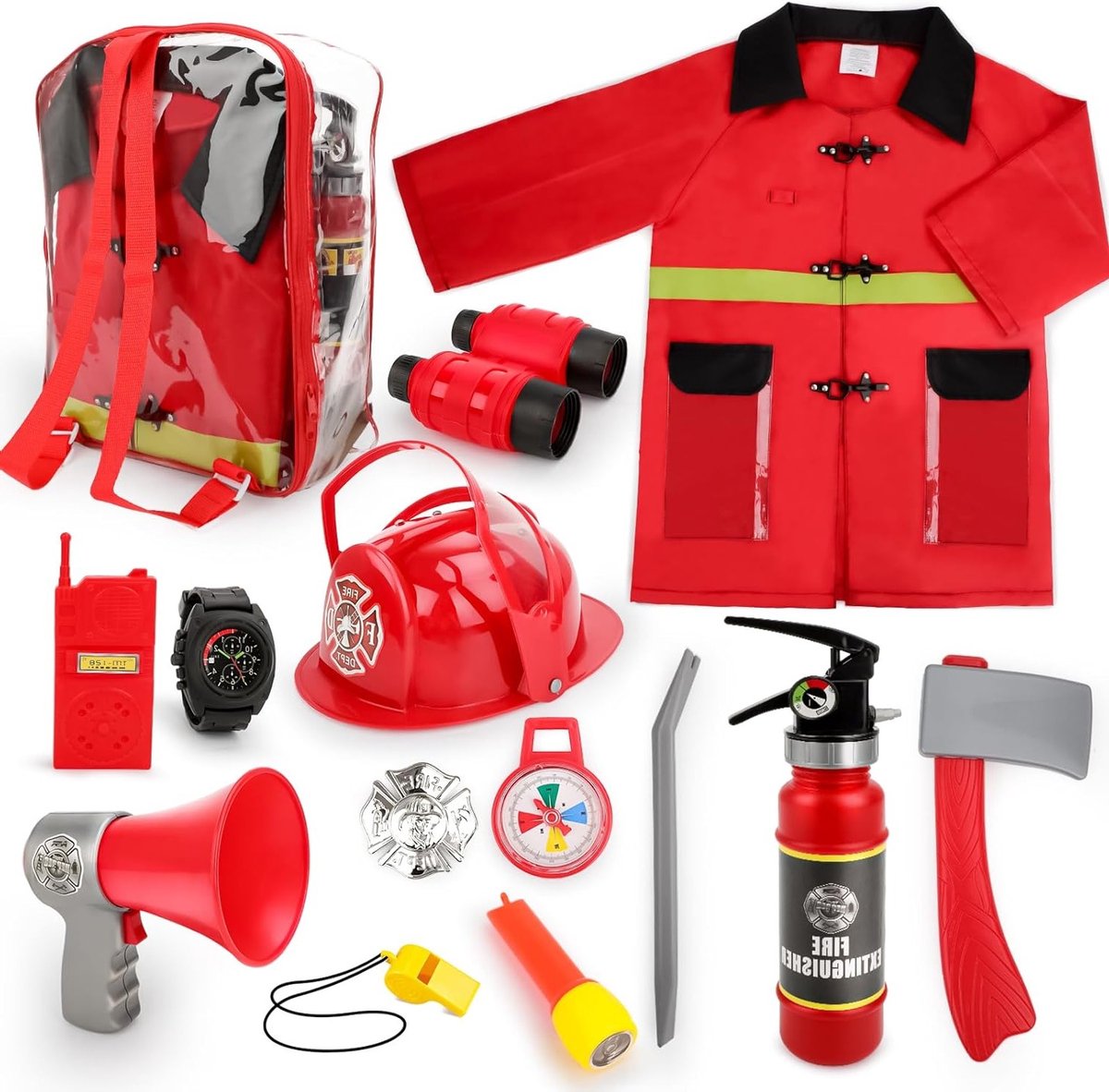 Wasbaar brandweerman kostuum met 13 accessoires, brandweer speelgoed, opberg rugzak en brandblusser voor kinderen - perfect voor rollenspel en creatief spel