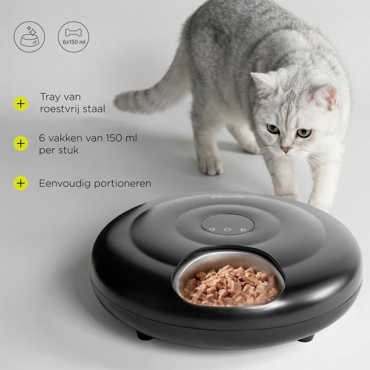 Peluvio Nube Nattevoerautomaat voor Katten – Slimme Voerdispenser met Koelsysteem – 6x150 ml Porties – Anti-Jam Technologie – 4000 mAh Noodaccu – App & Handmatige Bediening – Roestvrijstalen Tray – USB-C – Child Lock – Voor Katten en Kleine Honden thumbnail 6