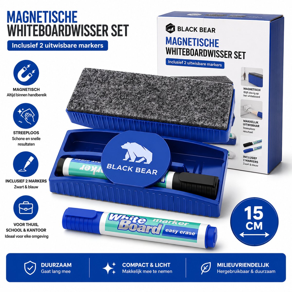 Black Bear Magnetische Whiteboardwisser Set Blauw - Inclusief 2 Uitwisbare Markers (Blauw en Zwart) - 15 cm