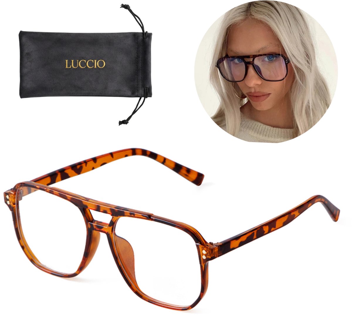 LUCCIO Blauw Licht Bril - Blue Light Glasses - Blauw Licht Bril Zonder Sterkte - Beschermend - Blue Light Blocking Glasses - Vierkant montuur - Panterprint