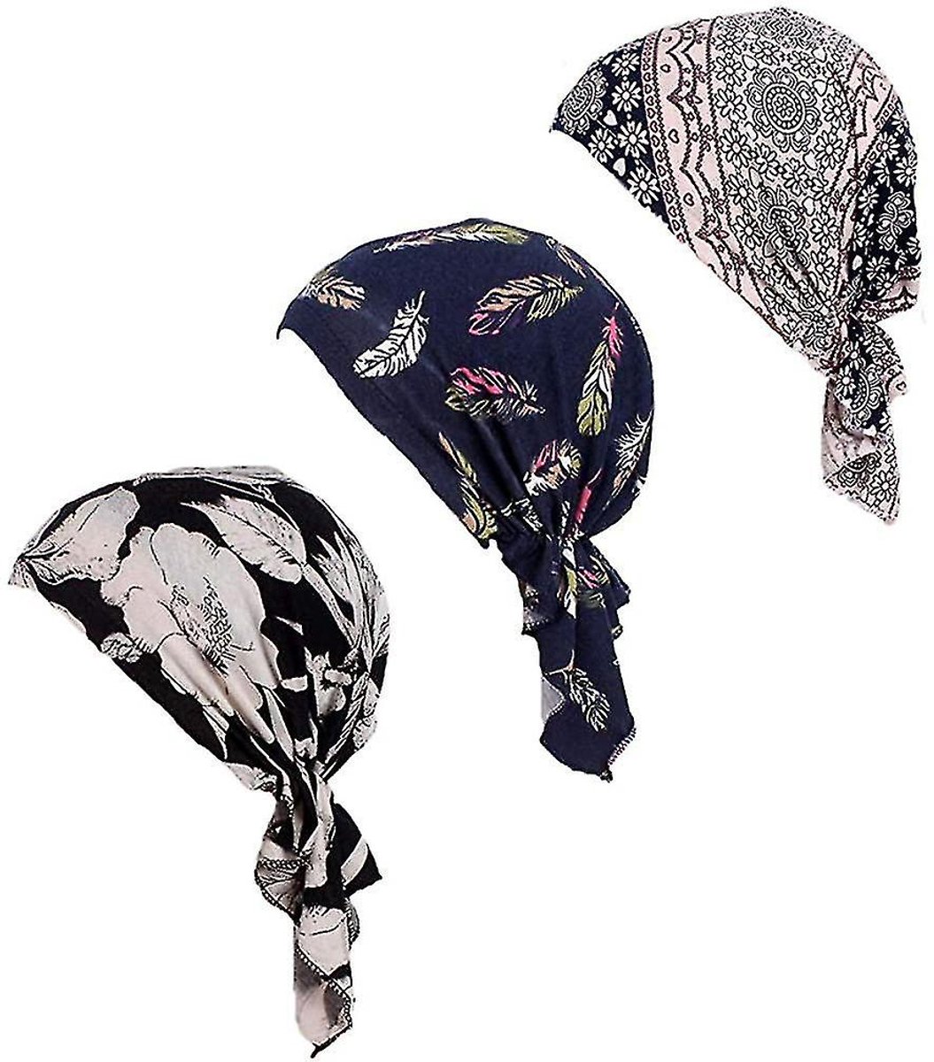 Cuhostki 3 Stuks - Tulband Cap Katoen - Warm Ademend Zwart Bloem Roze Blauw Veren