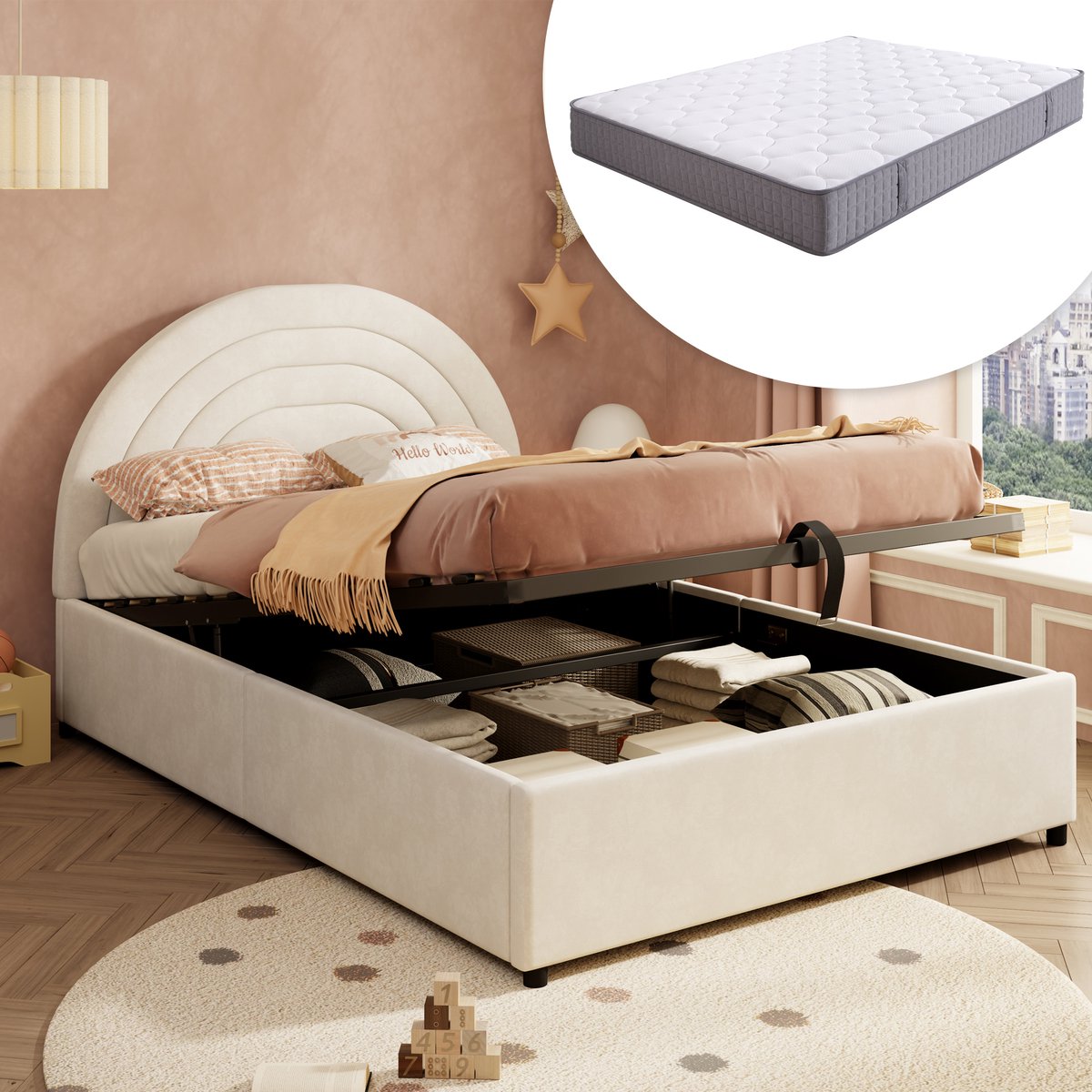 BLACKCOLORS Gestoffeerd bed 140*200, kinderbed met lattenbodem en hoofdeinde, jeugdbed, geschikt voor volwassenen en jongeren, houten latten, eenvoudige montage, inclusief matras, fluweel, beige