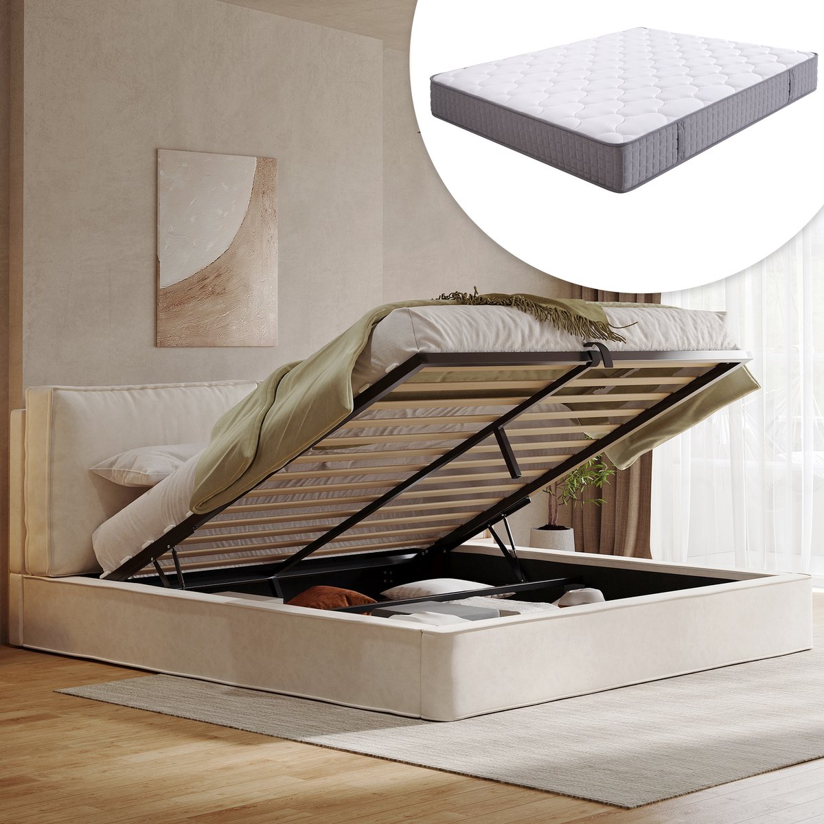KOMHTOM Gestoffeerd bed, tweepersoonsbed, 180 x 200 cm, hydraulisch functioneel bed, bed met lattenbodem, hoofdeinde, gestoffeerd hoofdeinde, inclusief matras, beige chenille