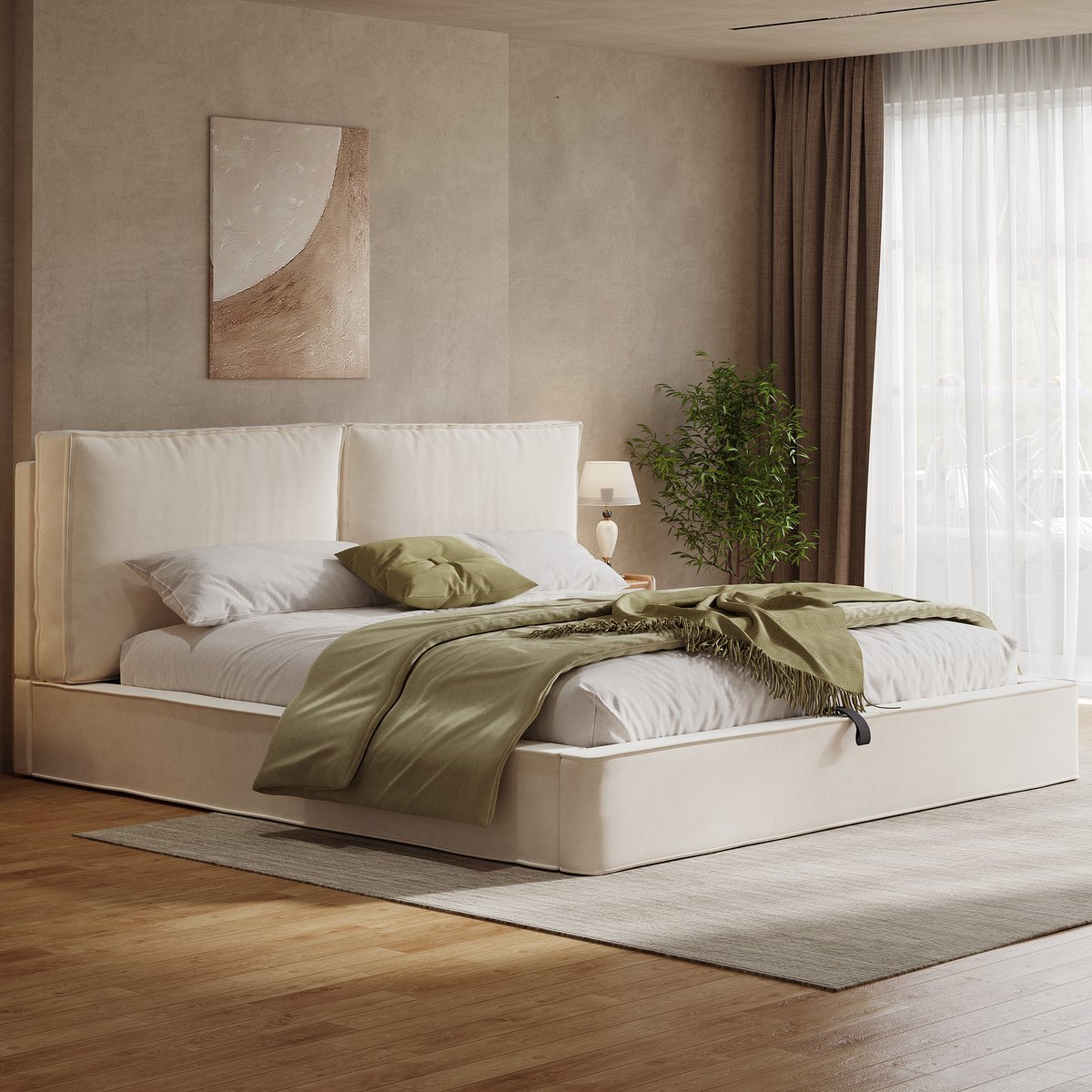 BLACKCOLORS Gestoffeerd bed, tweepersoonsbed, 180 x 200 cm, hydraulisch verstelbaar bed, bed met lattenbodem, hoofdeinde, gestoffeerd hoofdeinde, beige, fluweel