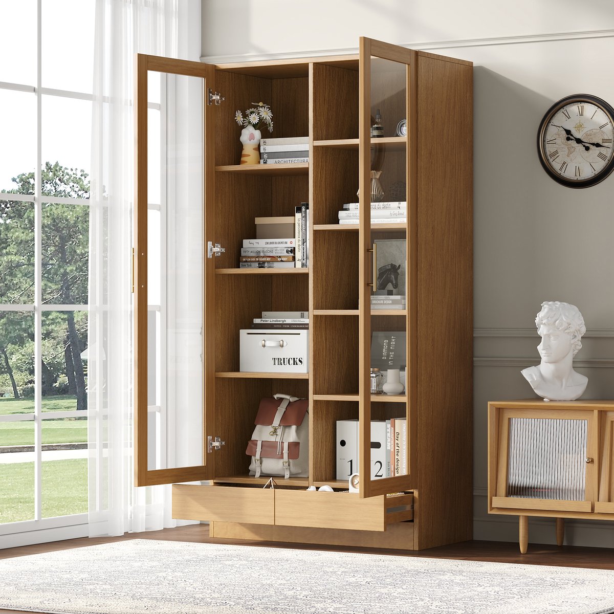 MODENUIT Vitrinekast - Met Glasdeuren En Lade - Voor Woonkamer En Kantoor - Houtkleur En Glas - 80x40x160 Cm