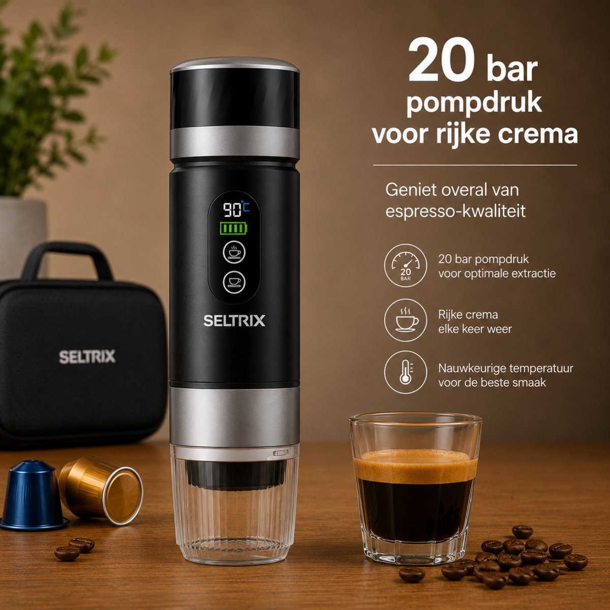 Draagbare koffiemachine - Verwisselbare Accu + 1 extra accu - 20 Bar - Inclusief Beschermhoes - 150 ml - 7500 mAh - Draagbaar koffiezetapparaat - Cups & Gemalen Koffie - Camping & Reizen - Espresso & Lungo - Seltrix - Zwart — afbeelding 3