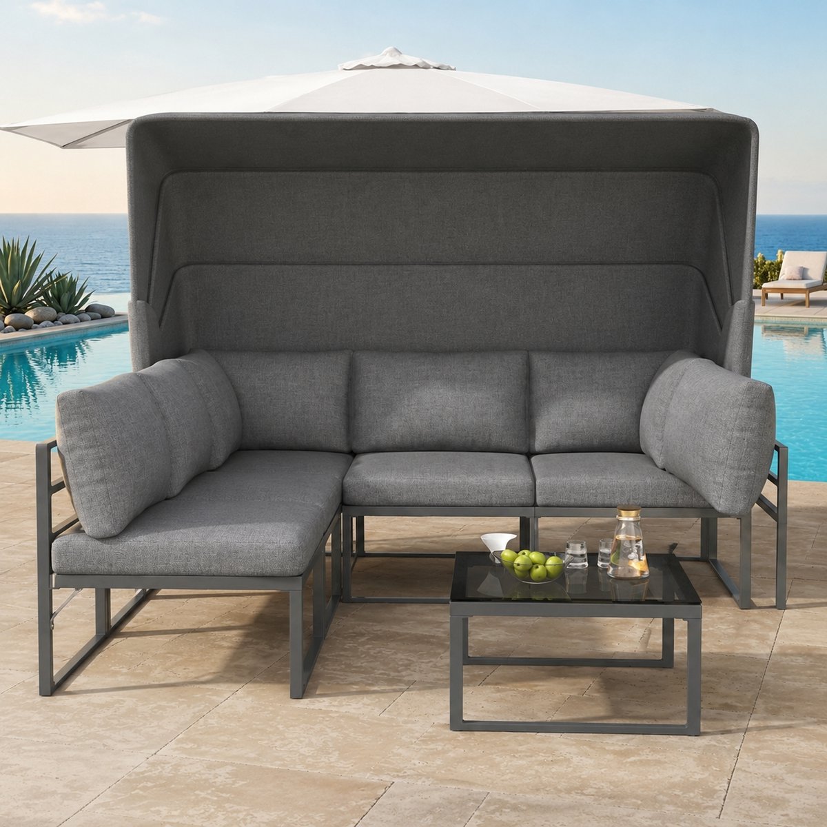 Luxe 4-delige Zonne-eiland Loungeset met Luifel, IJzeren Frame en Dikke Kussens voor Tuin & Balkon – Weerbestendig Modern Design – Industrohome