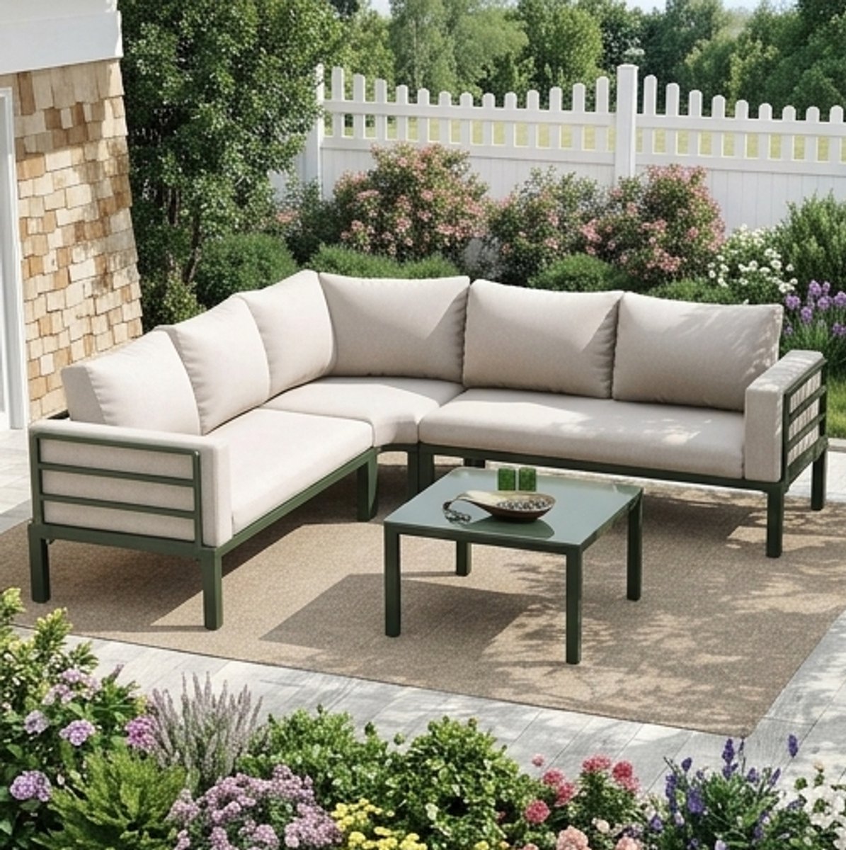 Luxe 4-5 Persoons Hoek Loungeset Beige – Tuinmeubelset met Verstelbare IJzeren Frame Constructie & Glazen Salontafel – Inclusief Dikke Kussens – Weerbestendige Tuinset voor Terras & Tuin IndustroHome