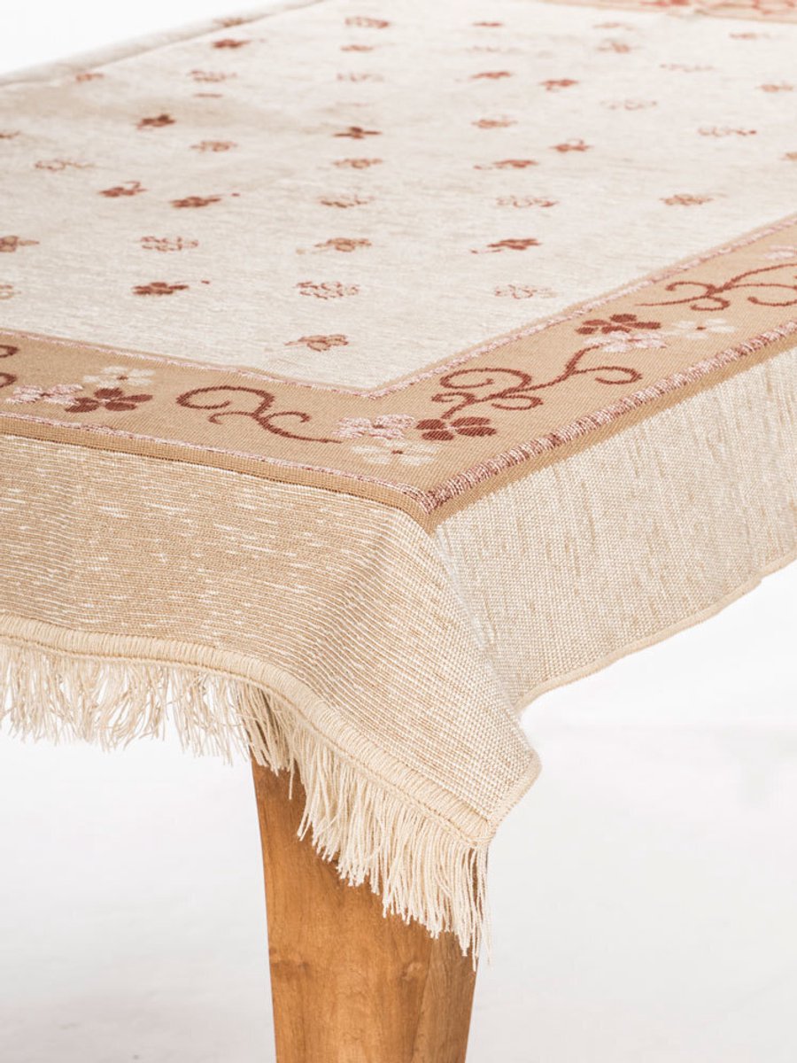 Tafelkleed handweef Hortensia 140 x 170 kleur 1 beige basis rood patroon