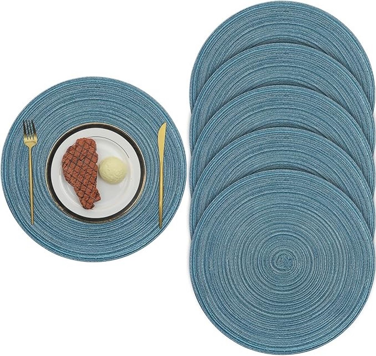 Geweven Ronde Placemats 38 cm - Set van 6 - Donkerblauw