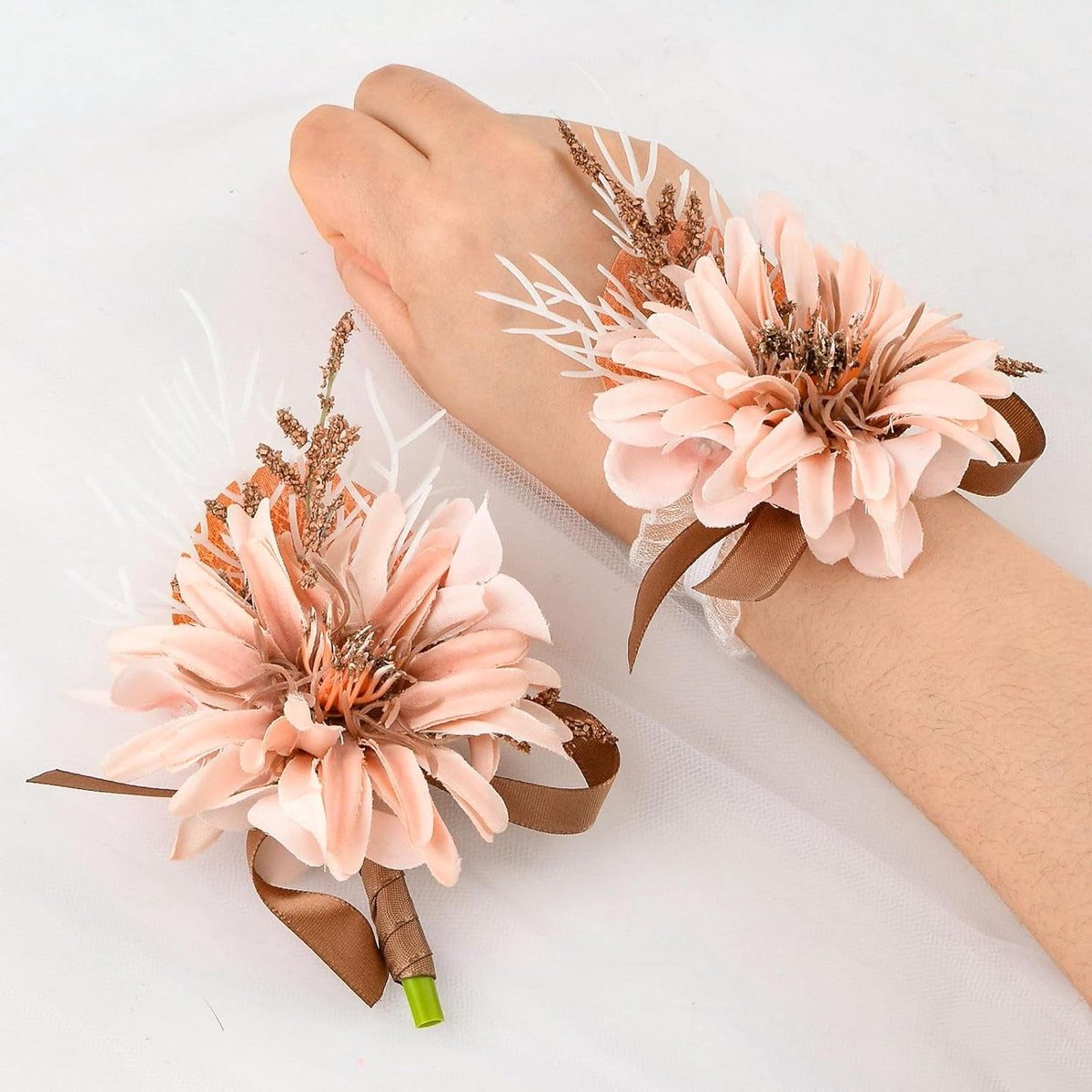 Pols Corsage Boutonniere Set - Bruiloft Bloem - Feestelijke Gelegenheden - Verstelbaar Lint Ontwerp - 9 x 13 cm - Bruin