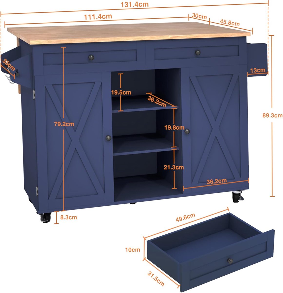 Keukeneiland op Wielen met Inklapbaar Werkblad – Mobiele Keukenwagen met Opbergkast, Open Planken, Kruidenrek & Handdoekhouder – 131x45x89 cm Blauw – ABTKantoor Rollend Keuken Eiland & Eettafel