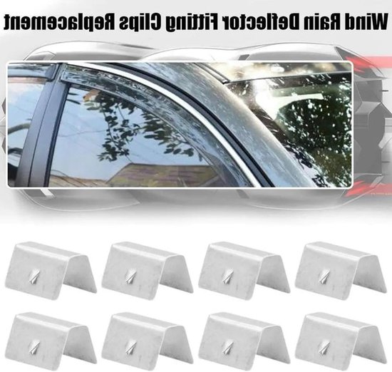 Acht zilverkleurige metalen klemmen, U-vormig met inkeping, voor auto-windgeleiders.