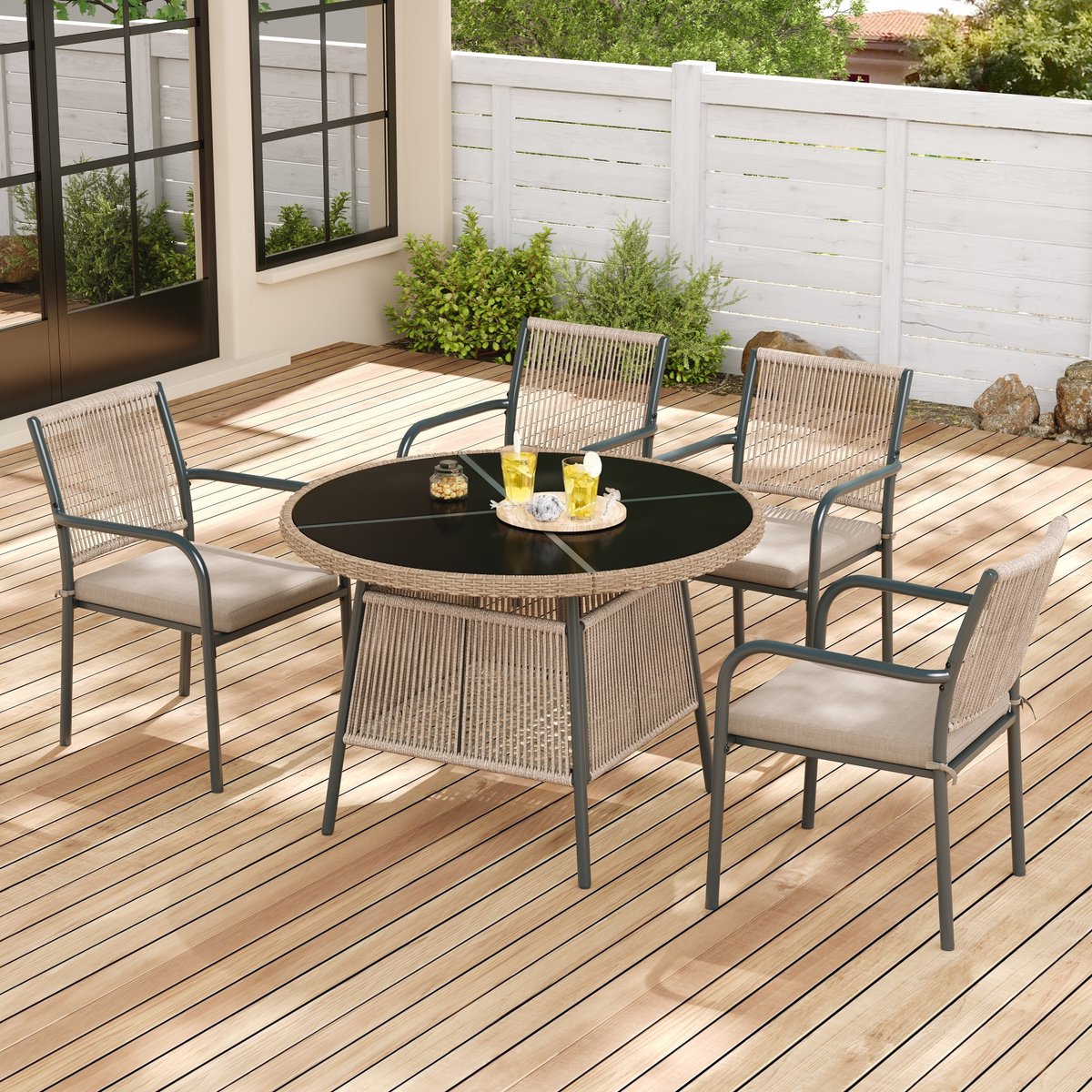 Gutent Loungesets - Tuinset - 5 Delig - 1 Ronde Glazen Tafel - 4 Armstoelen - Metaal Gestel - Voor Tuin Terras - Grijs – foto 8