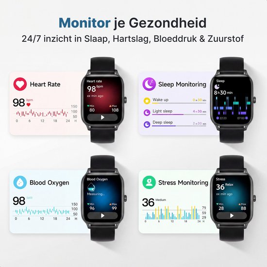 Zwarte smartwatches tonen slaap, hartslag, bloeddruk en zuurstofmonitoring.