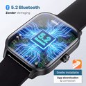 Zwarte smartwatch met interne circuits en "5.2 Bluetooth" op de processor.