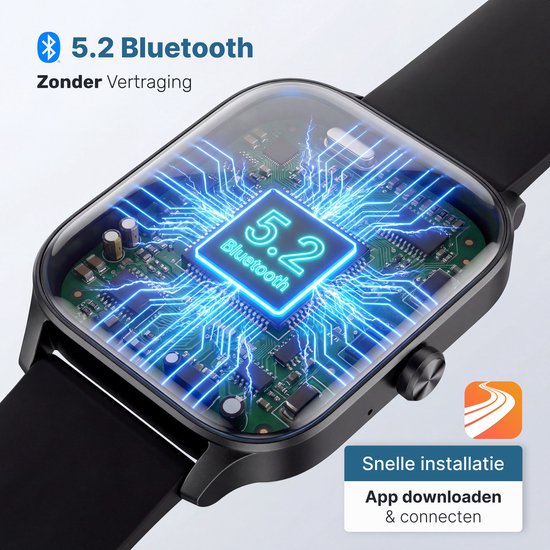 Zwarte smartwatch met interne circuits en "5.2 Bluetooth" op de processor.