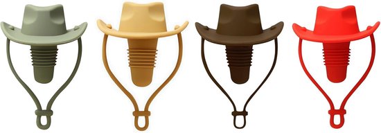 Vier cowboyhoed-wijnstoppers in het groen, beige, bruin en rood, van dichtbij getoond.