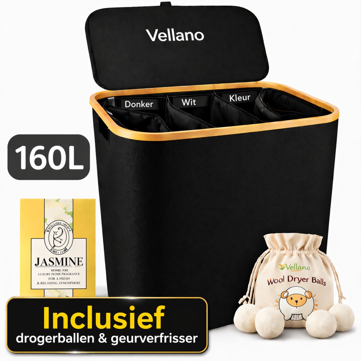 Vellano Wasmand 3 Vakken – Wassorteerder met Deksel – 160L – 3 Uitneembare Waszakken – Bamboe Frame – Incl. Drogerballen & Jasmijn Geurverfrisser