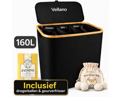 Vellano Wasmand 3 Vakken – Wassorteerder met Deksel – 160L – 3 Uitneembare Waszakken – Bamboe Frame – Incl. Drogerballen & Jasmijn Geurverfrisser