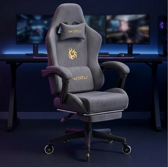 Premium Ergonomische Gamingstoel met Voetensteun - Luxe Draaibare Bureaustoel met Verstelbare Rugleuning 90–135° - 4D Lenden- & Hoofdsteun - Ademend Imitatiesuède - Grijs - Mobili Bella van Merkloos — afbeelding 3