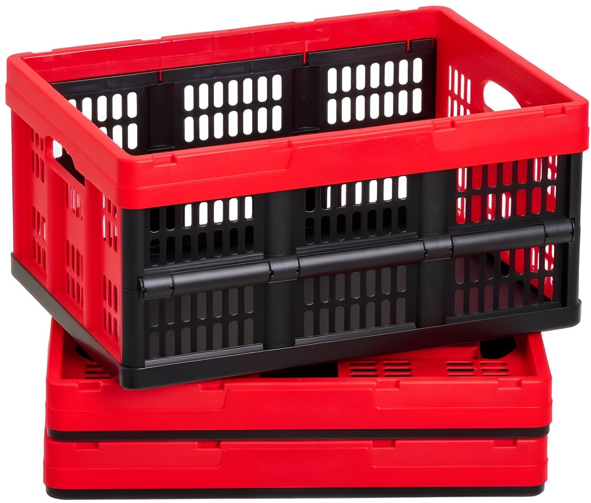 Opvouwbare opbergkratten - Set van 3 - Capaciteit 32 L per krat - Stapelbaar - Met Handvatten - Draagvermogen 12 kg per krat - Plastic - Rood/Zwart