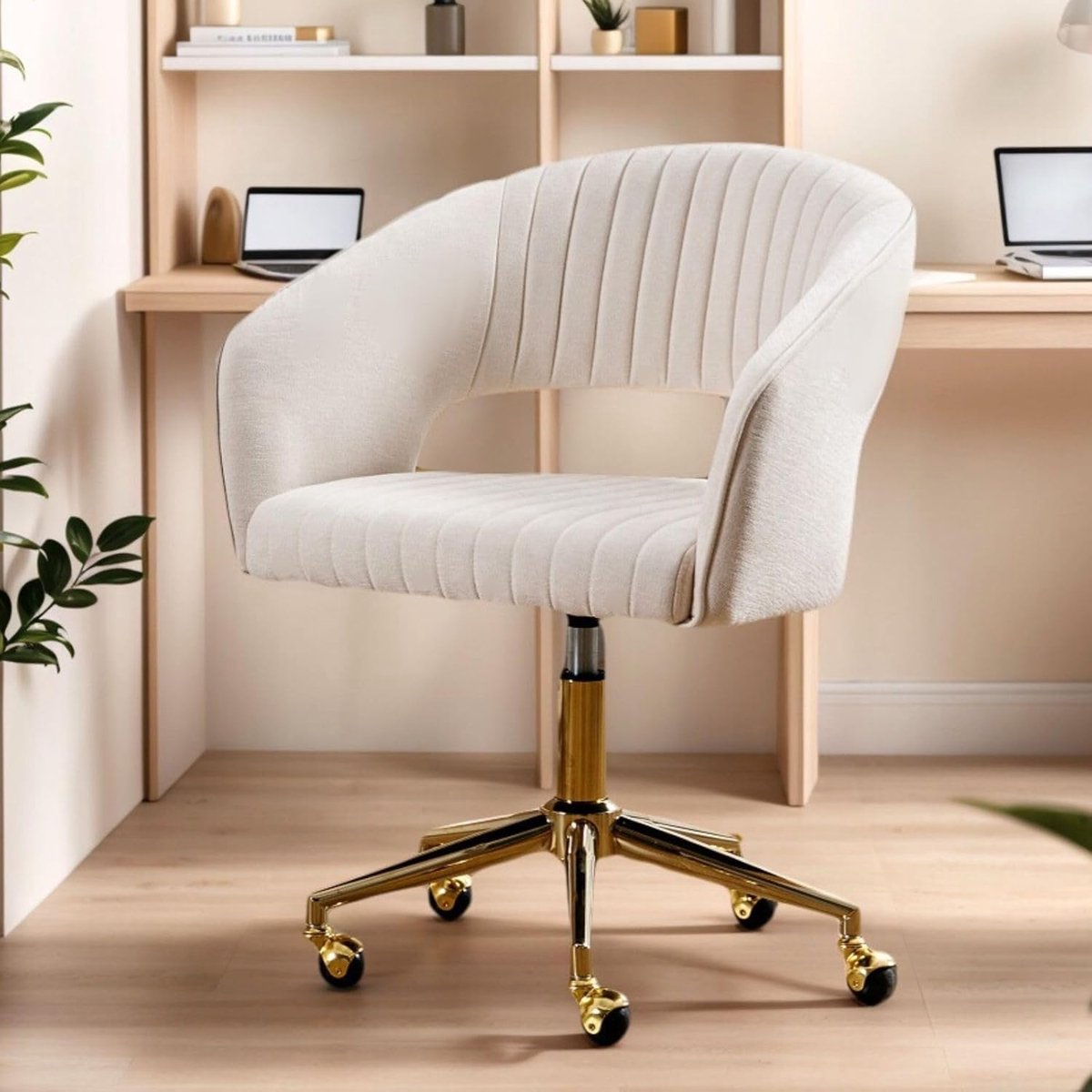 Bureaustoel Verstelbaar met Wielen - Chenille Draaistoel met Armleuningen, Open Rug Home Office Stoel Beige - 60x57x76 cm - Vermissen