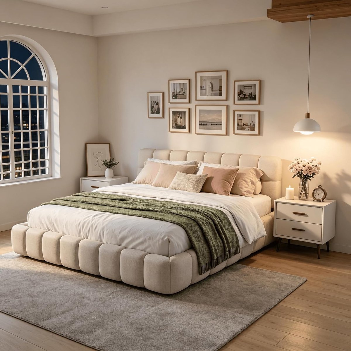 Luxe Bubbelbed 160x200 met Gevoerde Hoofdbord & Lattenbodem – Laag Gestoffeerd Bedframe van Linnen & Hout – Modern Design Tweepersoonsbed zonder Matras – Beige | Mobili Bella
