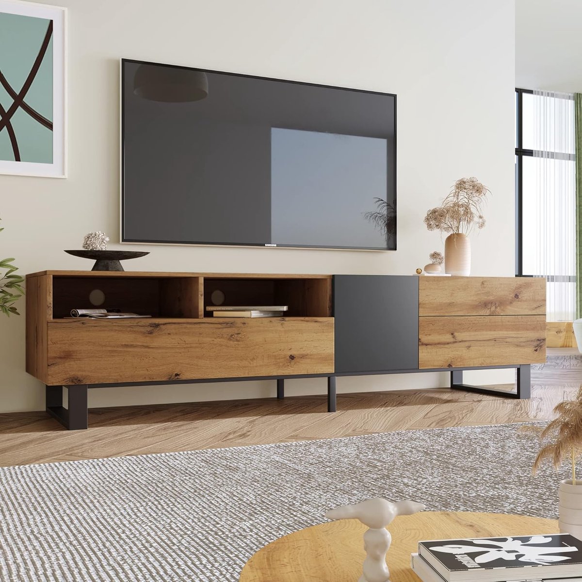 Modern TV-meubel Houtnerf Design met Ruime Opbergruimte 180 cm – Industrieel Lage TV Kast met Push-to-Open Deuren en Metalen Poten – 180 x 38 x 50 cm