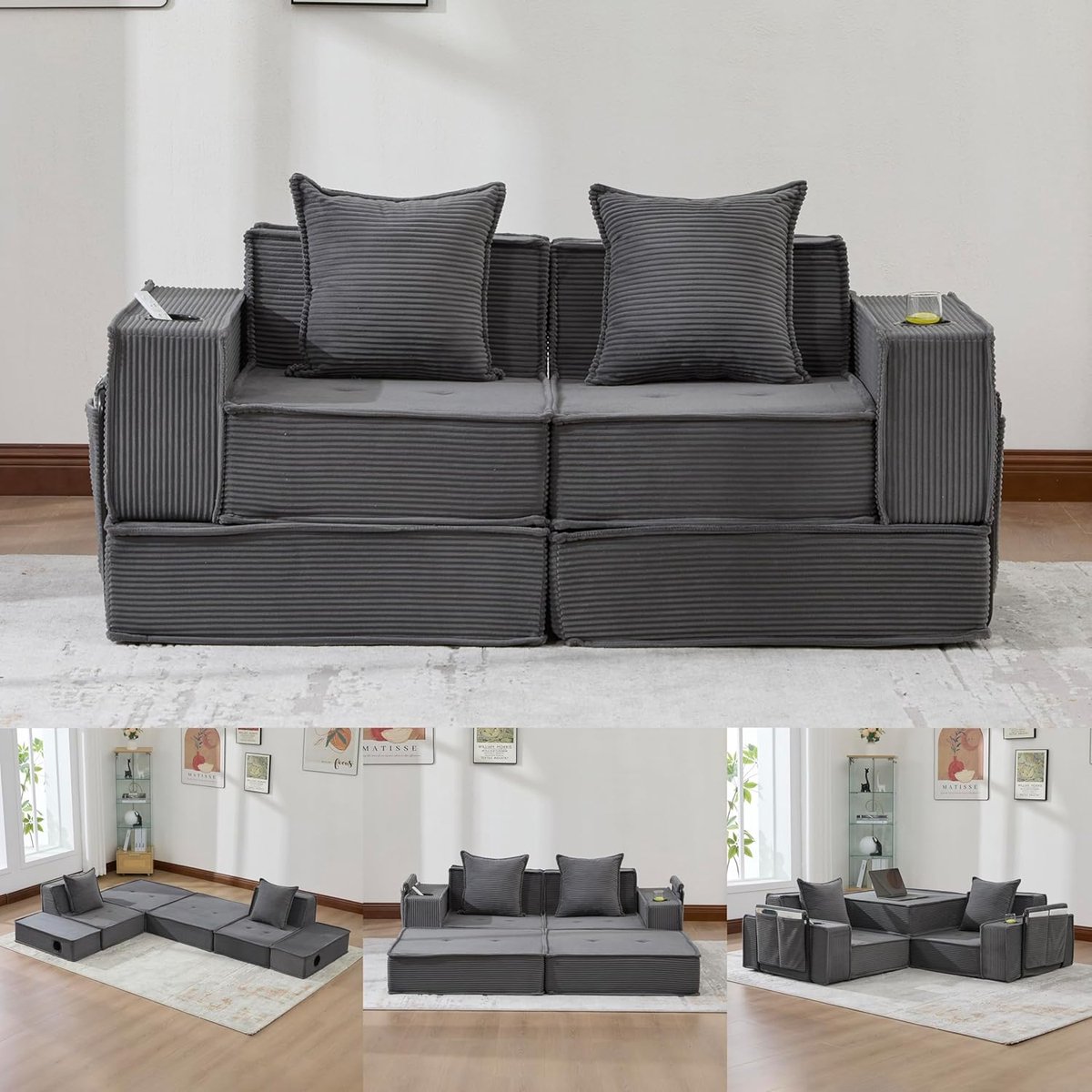 Zubaliya Multifunctionele 2-Zits Bank, Moderne Tweepersoons Slaapbank met een Comfortabele Stoffen Bank en twee Kussens, Een Stijlvolle, Decoratieve Voetenbank met Opbergruimte aan de Zijkant en Bekerhouders-Donkergrijs