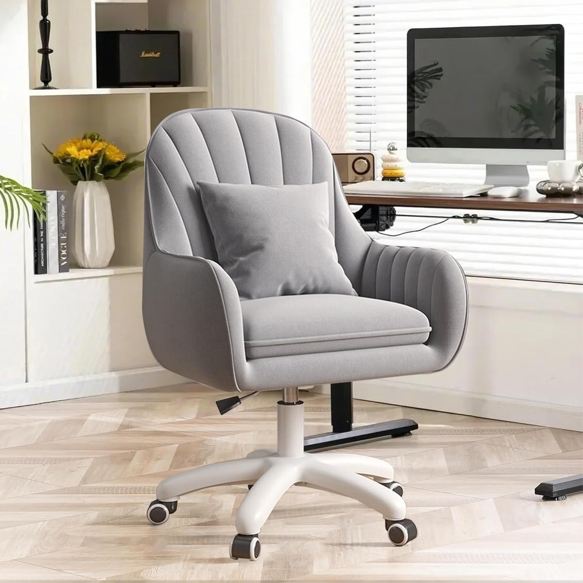 Bureaustoel met Wielen en Verstelbare Hoogte - Home Office Stoel Fluweel, Draaibare Make-up Stoel met Rugleuning, Computerstoel Grijs - 43x46x71 cm - Vermissen