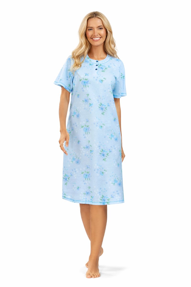 Comtessa dames Nachthemd Klassiek – 105 cm – Blauw Bloemenprint – Korte Mouw – 100% Katoen