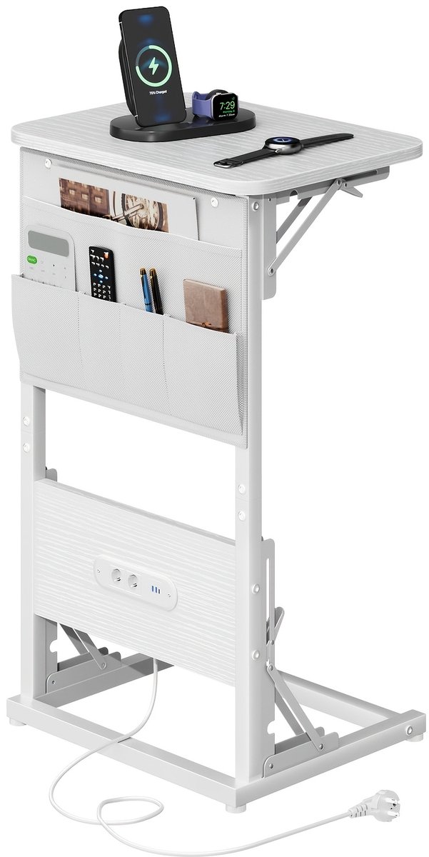 Bijzettafel-Salontafel Compacte bijzettafel met geïntegreerde stopcontact en USB-Opvouwbaar-WIT.