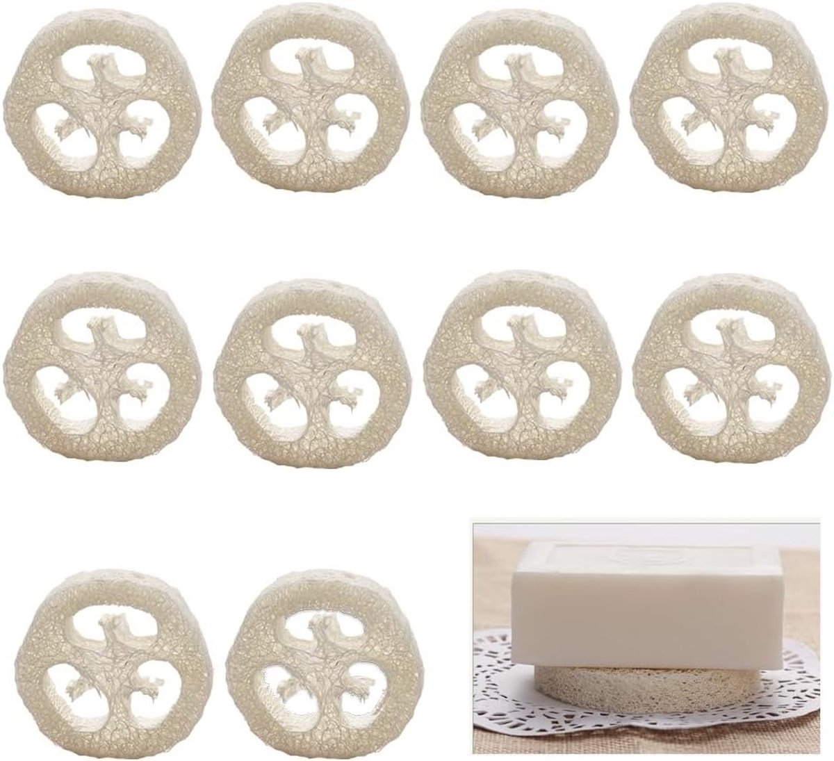 Set van 10 Natuurlijke Loofah Sponsen als Zeepbescherming voor Douche, Badkamer, Keuken en Werkblad - Milieuvriendelijk, Duurzaam en Multifunctioneel