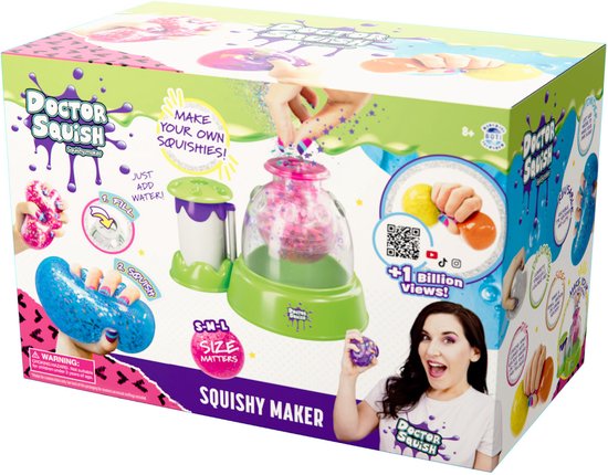Doos van Doctor Squish Squishy Maker met afbeeldingen van squishies, een maker en een vrouw.