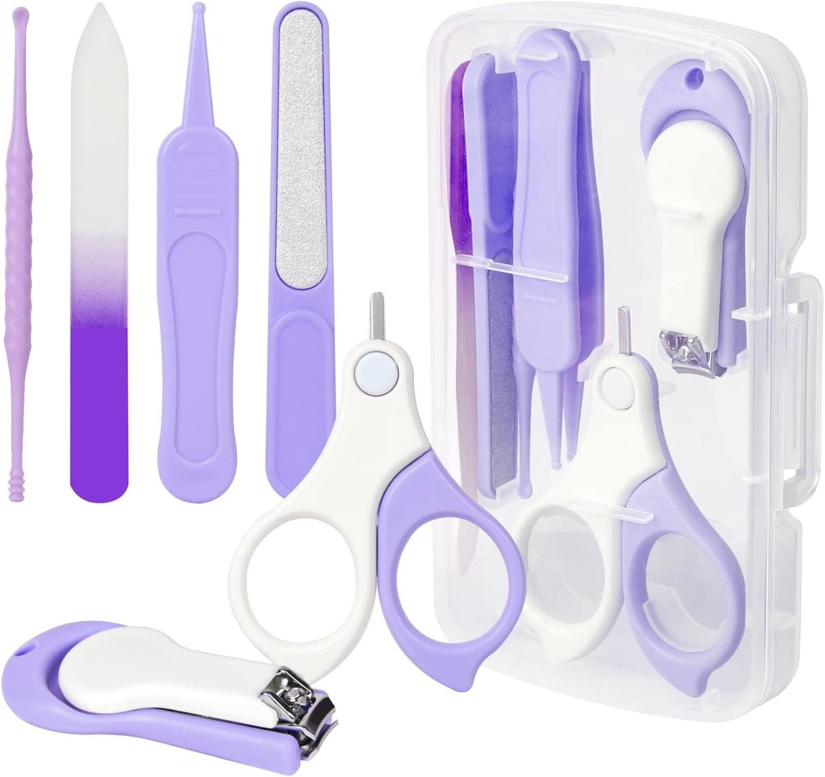 Complete Baby Verzorgingsset 6 in 1 voor Nagels, Manicure met Glazen Vijl, Schaar, Nagelknipper, Vijl, Pincet en Oorreiniger in Paars voor Veilig en Gemakkelijk Gebruik