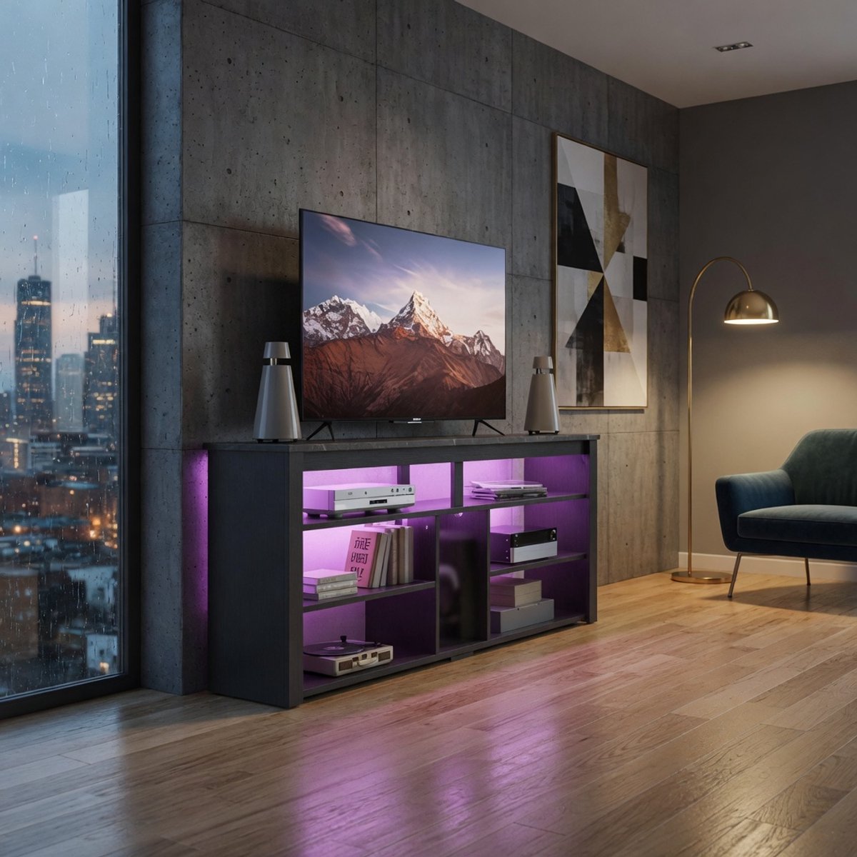 Hoge TV Kast 140 cm Zwart Marmer – Modern TV Meubel met LED Verlichting, PS5 Opbergruimte & Verstelbare Planken, TV Console voor 65 Inch TV – Mobili Bella