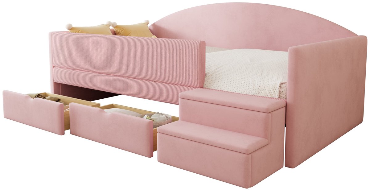Merax Gestoffeerd Bed 90x190 cm - Slaapbank Logeerbed - Fluweel - met Lades en Veiligheidsrand - Roze
