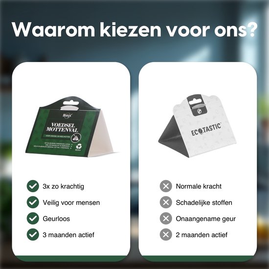 Vergelijking van voedselmottenval van lluux met een normale val. Tekst "Waarom kiezen voor ons?".